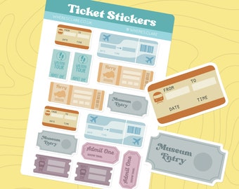 Ticket Stickers, Travel Sticker Sheet. Perfect for Travel journals, scrapbooking stickers, bullet journals, planner stickers.