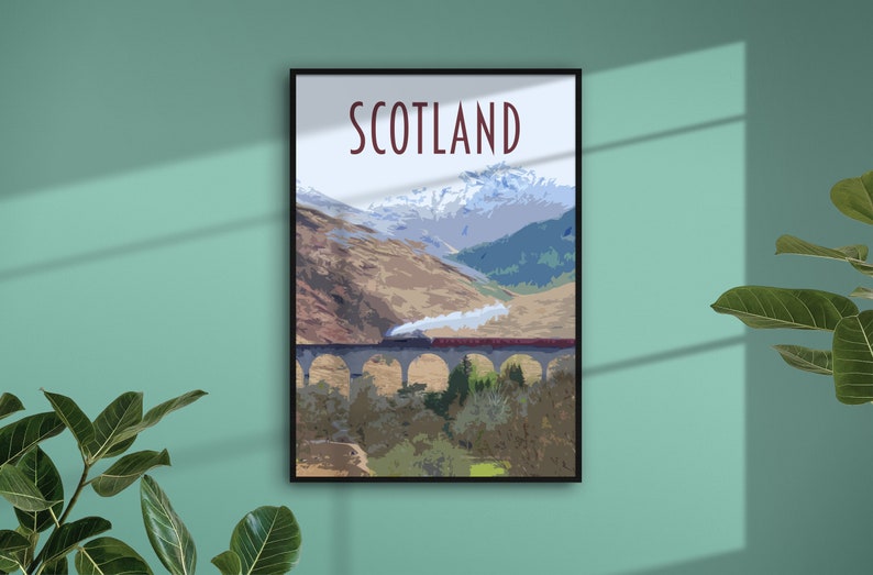 Scotland Travel Poster Retro travel poster style Scotland art print, postcard featuring Glenfinnan Viaduct, Fort William travel art print zdjęcie 4