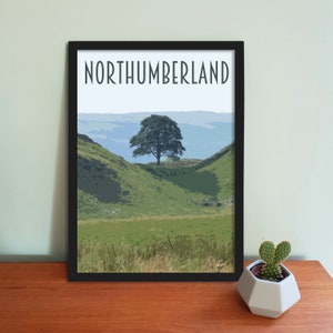 Northumberland Travel Poster - Retro vintage style Hadrian's Wall art print, artwork, homeware, Sycamore Gap, Northumberland Postcard
