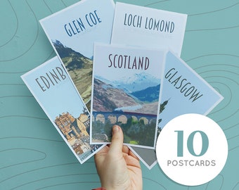 Scotland Travel Postcards Pack - Retro vintage style prints. Edinburgh, Glasgow, Oban, Loch Lomond, Tobermory, Ayr, Skye + more