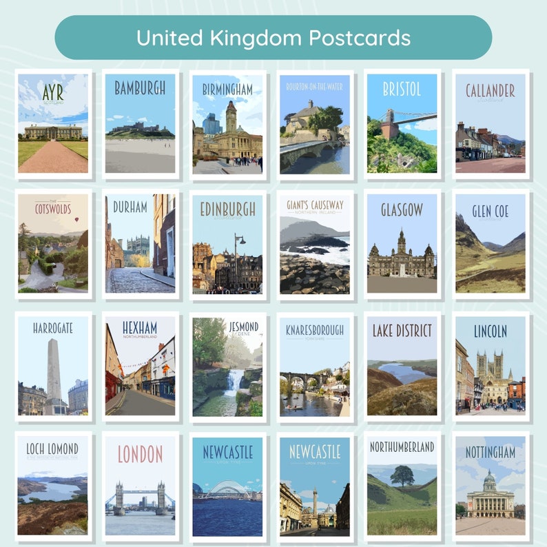 Travel Postcards Pack Retro vintage style cities postcard pack. Athens, Newcastle, Iceland, Edinburgh, Bruges, Malta, Lake Louise More zdjęcie 2