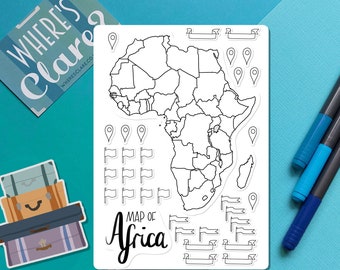 Africa Map Outline Sticker -  Colour-in map, travel scrapbook sticker, journal map stickers, paper map stickers