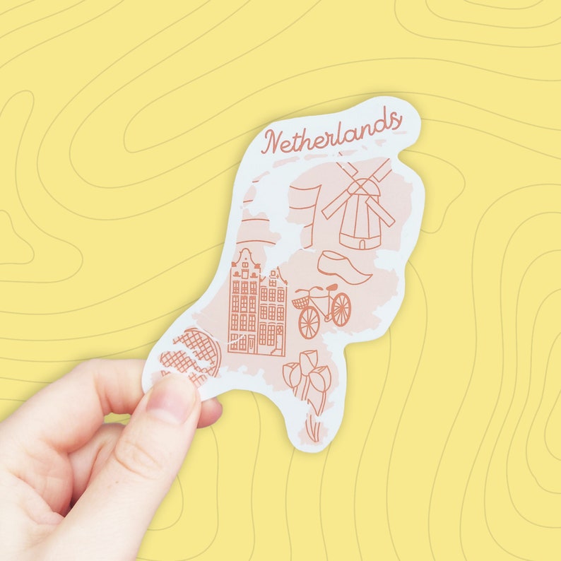 Netherlands Sticker Waterproof Holland map sticker country outline with icons from the Netherlands including Amsterdam houses and moe image 2