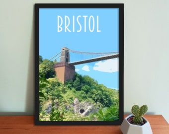 Bristol Travel Poster - Retro vintage style UK art print, artwork, homeware, Bristol, England, featuring Clifton Bridge