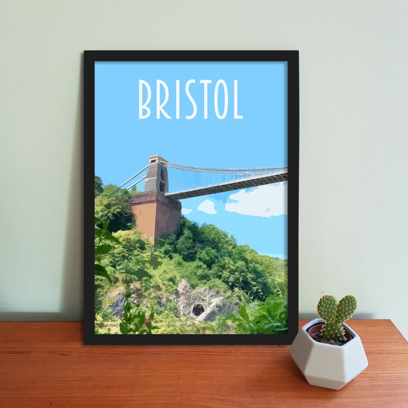 Bristol Travel Poster Retro vintage style UK art print, artwork, homeware, Bristol, England, featuring Clifton Bridge image 1