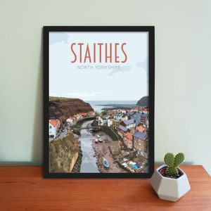 Staithes Travel Poster - Retro vintage style UK art print, artwork, homeware, Staithes, Yorkshire UK featuring the Whalebone Arch