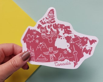 Canada Sticker -  Waterproof Canada map sticker -  country outline with icons from Canada including CN Tower, Gas town clock, moose + more