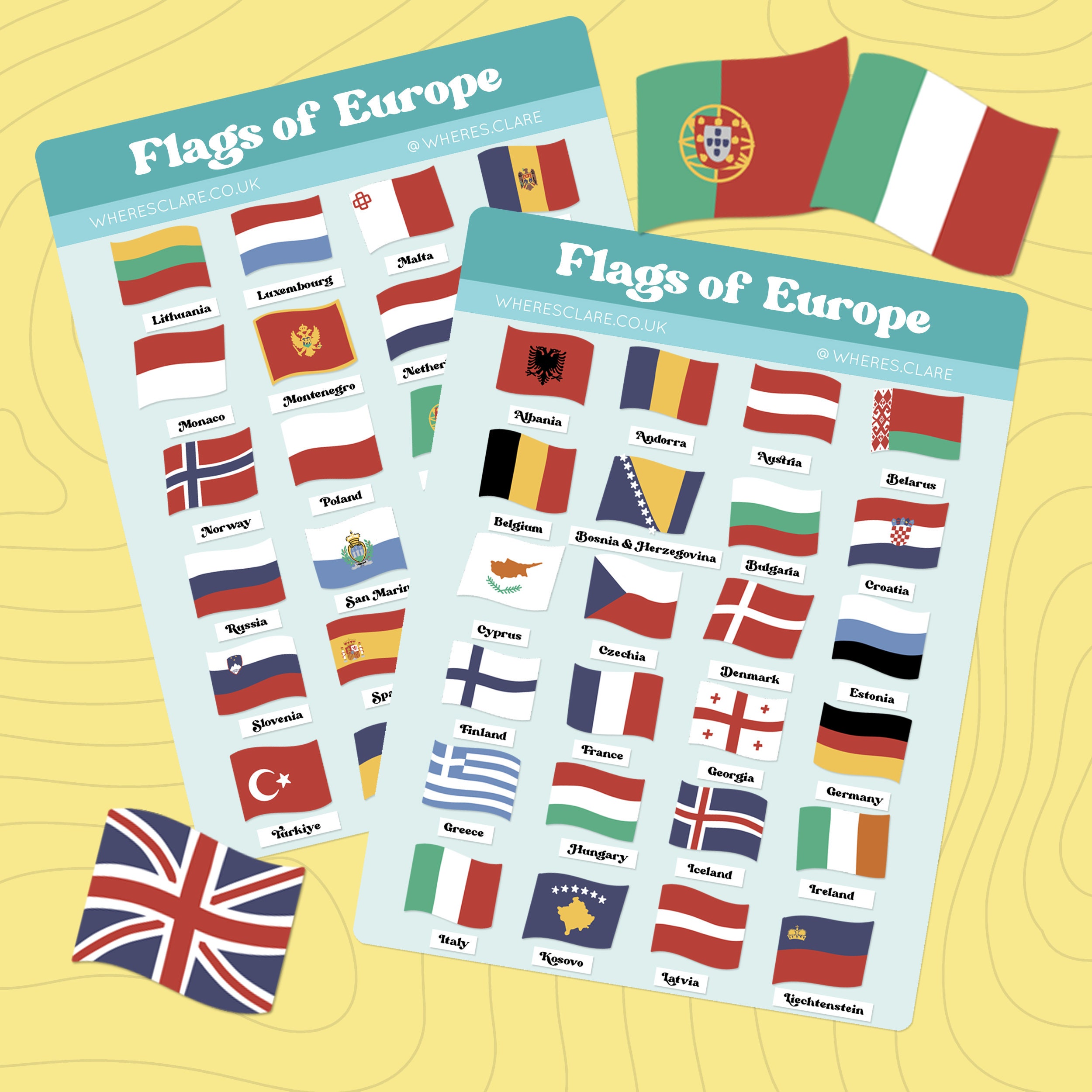 Europe Flags Sticker Sheet, Flags of Europe, Planner stickers ideal for travel journals, diaries, scrapbooks, travel trackers.