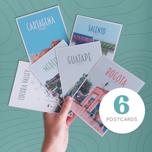 Colombia Postcards Pack - Retro vintage style prints. South America Postcards - Medellin, Salento, Bogota, Cocora Valley, Cartagena, Guatape