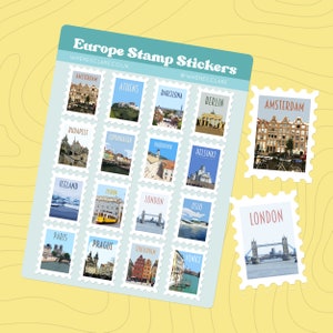 Europe Stamp Sticker Sheet with stamps of Amsterdam, London, Paris, Berlin, Stockholm, Copenhagen, Athens, Lisbon, Venice and more