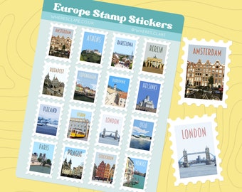 Europe Stamp Sticker Sheet with stamps of Amsterdam, London, Paris, Berlin, Stockholm, Copenhagen, Athens, Lisbon, Venice and more