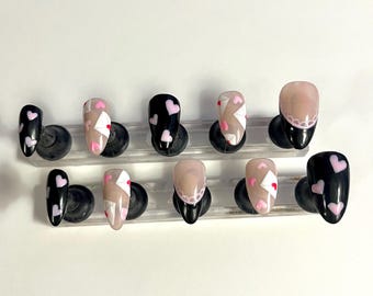 Black Love Letter Press On Nails, Pink Hearts, Handmade Acrylic Nail Set