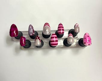 Hot Pink Press On Nails | Rhinestone Pink Stripe Nails | Glam Almond Press On Nails | Handmade Statement False Nails