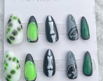 Glow Green Halloween Press On Nails: Spooky Bones, Slime Tips, Animal Print
