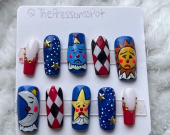 Vintage Circus Press On Nails: Hand-Painted Clown & Celestial Design
