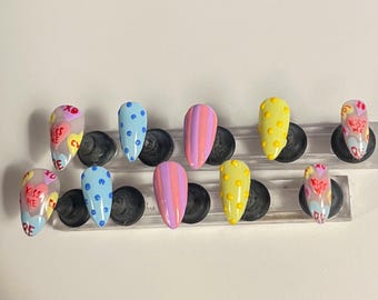 Conversation Heart Press On Nails, Polka Dot Mixed Design, Handmade Gel Nail Set