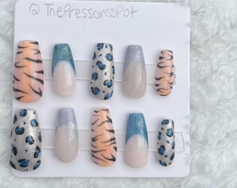 Tiger & Blue Cheetah Print Press On Nails: Glitter Cat Eye, Handmade