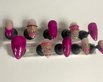 Pink Glam Press On Nails, Bling Rhinestone Nails,  Pink valentines days Nails, Luxury 3D Charms, medium almond False Nails, bangle nails