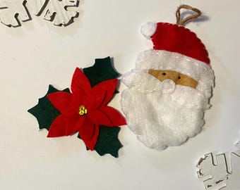 Handmade Felt Santa & Poinsettia Christmas Ornament Set