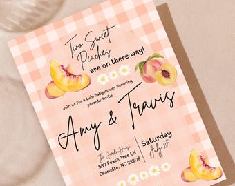 Personalized 2 Sweet Peaches Twins Baby Shower Invitation Set | Custom Digital Baby Shower Bundle | Invitation + Matching Signs | Printable