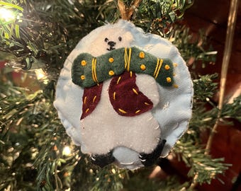 Handmade Felt Polar Bear Christmas Ornament - Ice Skates Holiday Decor