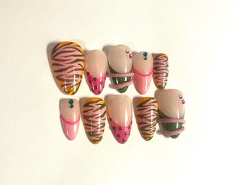Zebra Print Press On Nails | Pink Orange Animal Print Nails | Bold Mixed Design Almond Nails | Handmade False Nails