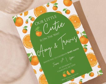Orange Baby Shower Invitation and matching cards | Little Cutie Theme (Digital Download 5x7" and 3.5x5”PDF & JPG)