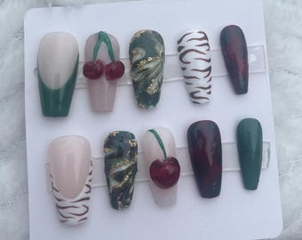 3D Cherry Press On Nails: Animal Print, Green & Red, Handmade