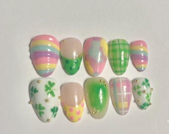 St Patrick’s Day Press On Nails | Green Clover Shamrock Nails | Spring Pastel Plaid Rainbow Nails | short Almond Handmade False Nails