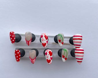 Valentine's Day Press On Nails, Red White Heart Cherry Design, Almond False Nails