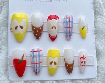 Handmade Apple Orchard Press On Nails: Yellow Plaid Fall Design
