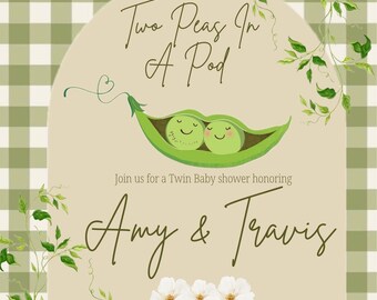 Twin Baby Shower Invitation and matching card sets | 2 Peas in a Pod Theme (Digital Download 5x7"and 3.5x5” PDF & JPG)