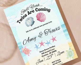 Personalized Shell Yeah Twins Are Coming Baby Shower Invitation Bundle | Twins Beach Theme | Digital Download | Invitation + Matching Signs