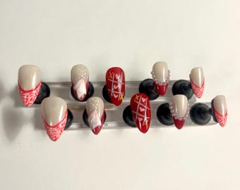 Handmade Valentine Press On Nails, Pink Cheetah French Tip, Heart Tic Tac Toe, Almond