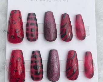 Red Leopard Press On Nails: Glitter Animal Print, Flame Zebra Tips