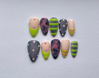 Neon Spring Press On Nails | Lime Green Polka Dot Nails | Abstract Swirl Nails | Trendy Almond Handmade False Nails