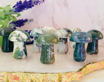 Moss Agate Mushroom Carving - Crystal Mushrooms - Cottagecore - Moss Agate Carvings - Healing Crystals - Chakra - Gifts - Mushroom Decor