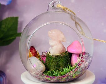 Rose Quartz Crystal Garden - Fairy Garden Terrarium- Witch Gifts - Spell Balls - Hanging Crystal Garden - Yule Ornaments - Cottagecore- Boho