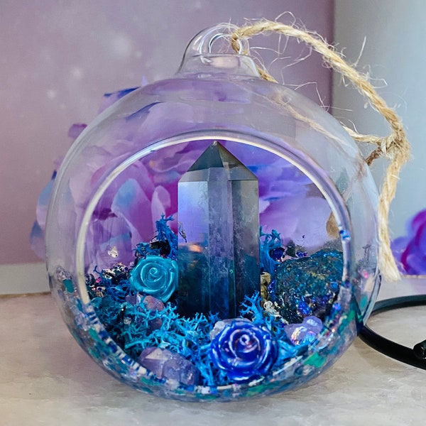 Tanzine Aura Quartz Hanging Crystal Garden - Crystal Terrarium - Hanging Fairy Garden - Crystal Ornaments - Yule - Witch Spell Ball - Gifts