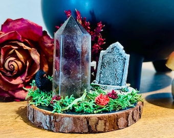 Smokey Quartz Crystal Garden - Gothic Home Decor - Dark CottageCore - Halloween Village - Crow - Witch Gifts - Windowsill Garden - Fairy