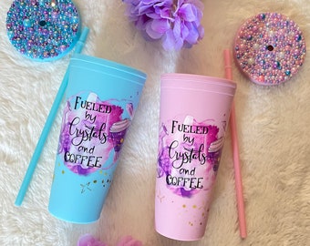 Crystals and Coffee Tumbler - Rhinestone Bling Witch Tumbler - Spooky Season - Pastel Goth - Witch Gifts - 22 Oz Cold Cup - Pink Or Blue