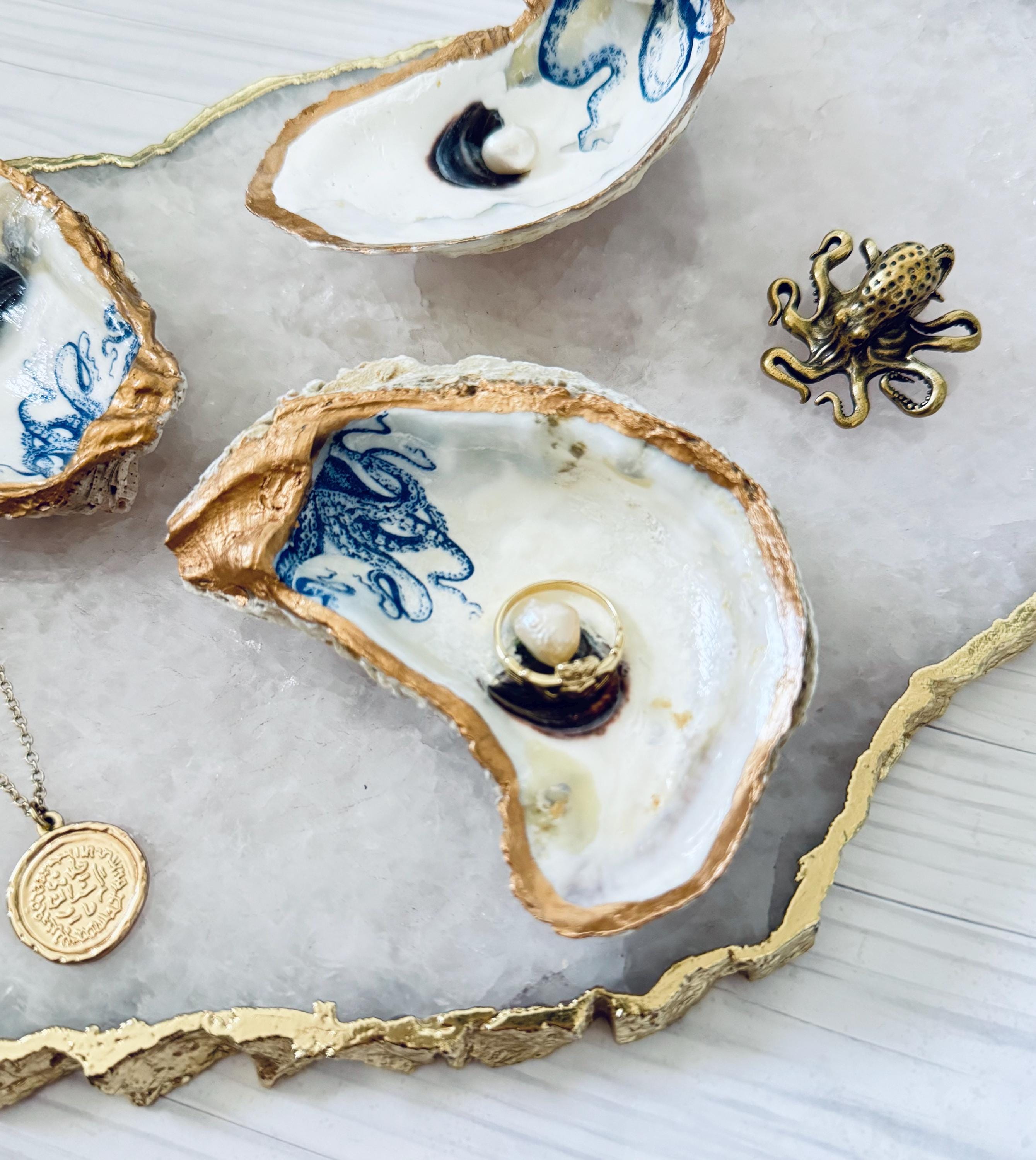 Oyster Shell Ring Dish: Blue Octopus with Pearl; Gold Leaf Coastal Decor
