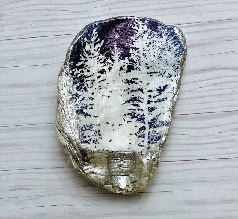 Home Decor Dark Forest Decoupage Oyster Shell Compass Rose Ring Dish Trinket Tray Winter Twilight