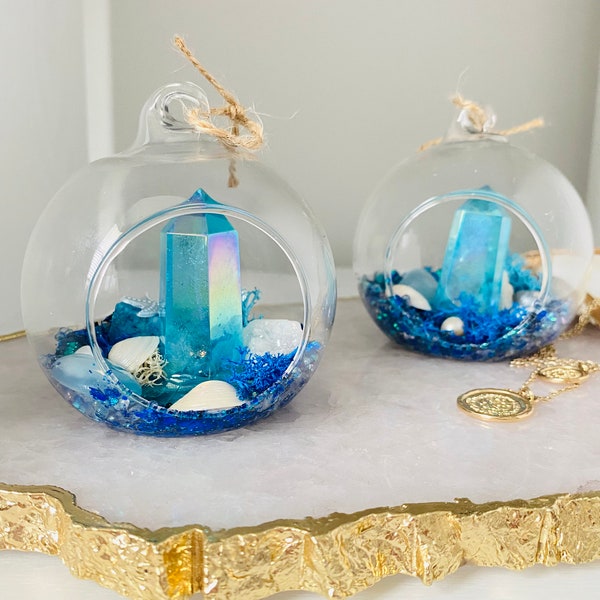 Blue Aura Quartz Hanging Crystal Garden - Crystal Terrarium - Hanging Fairy Garden - Crystal Ornaments - Gifts -Witch Spell Ball- Aquamarine