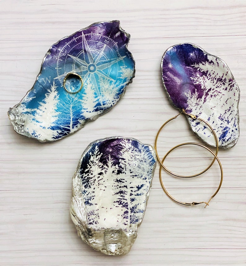 Home Decor Dark Forest Decoupage Oyster Shell Compass Rose Ring Dish Trinket Tray Winter Twilight