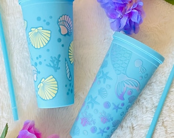 22 Oz Mermaid And Shells Tumbler - Cold Cup - Beach Vibes - Blue Cup With Lid and Straw - Mermaid Tumbler - Seashell Tumbler - Coastal Decor