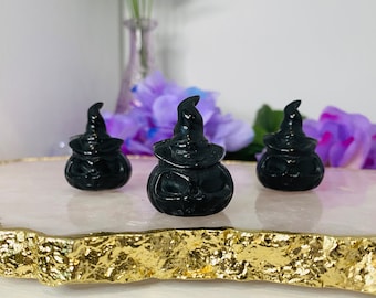 Black Obsidian Pumpkin Carving - Witch Hat Pumpkin - Protection Stone - Obsidian Crystal Carving - Pocket Crystals - Gothic- Witch Decor