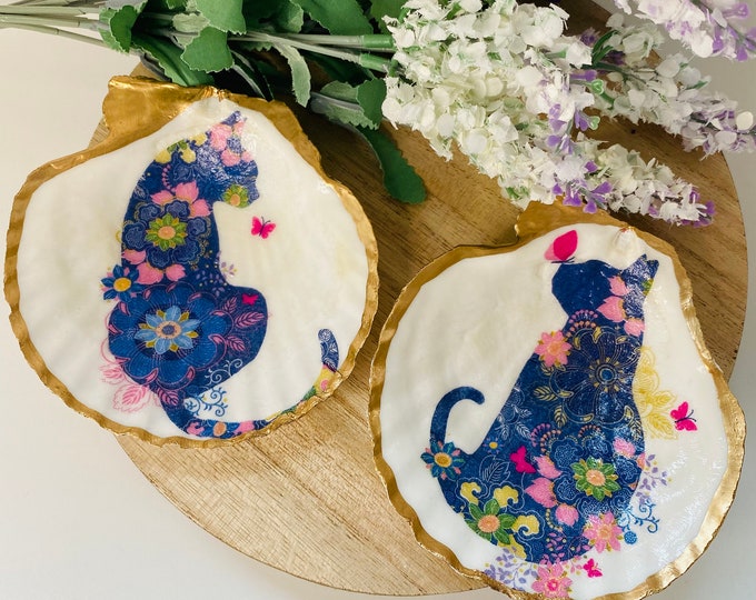 Decoupage Cat Shell oyster Shell Ring Dish cat Ring Dish Clam Shell ...
