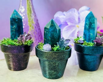 Windowsill Crystal Garden - Miniature Fairy Garden - Apatite Tower - Fluorite Fairy - Crystal Terrarium - Spiritual - Gifts -Birthstone