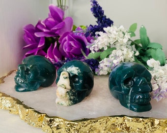 Moss Agate 2" Skull Carving - Crystal Home Decor - Cottage core -Moss Agate Carvings - Witch Gifts - Chakra -Sugar Skull - Gifts- Mini Skull